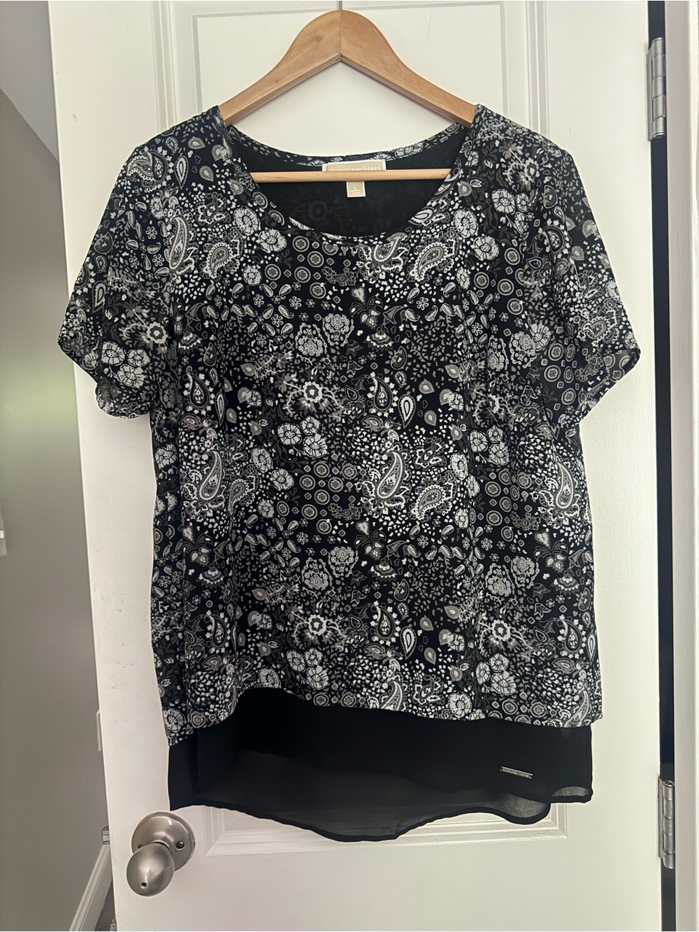 Michael Kors Black and White Paisley Layered Hem Tunic Tee Sheer Officewear